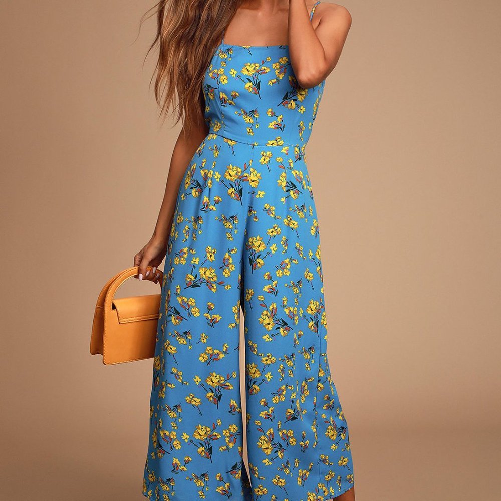 NWT Bryony Blue Floral Print Wide-Leg Jumpsuit
